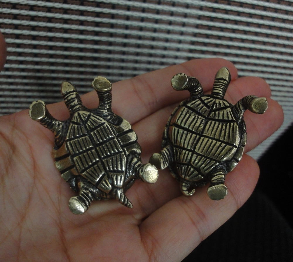 Pair of Vintage Style Solid Brass Longevity and Money Turtles Figurines Statues