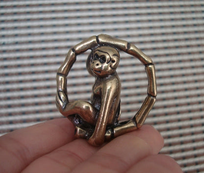 Solid Brass Monkey-in-Ring Pendant Vintage Style Statue Ornament