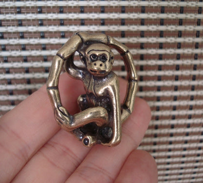 Solid Brass Monkey-in-Ring Pendant Vintage Style Statue Ornament