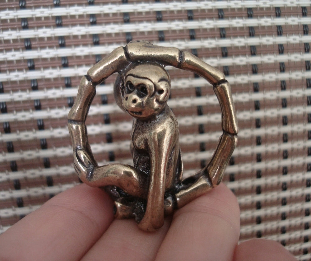 Solid Brass Monkey-in-Ring Pendant Vintage Style Statue Ornament