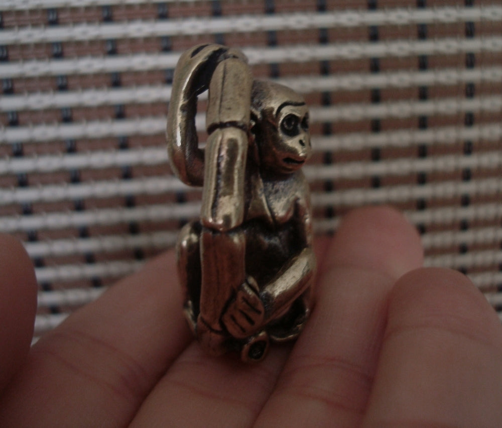 Solid Brass Monkey-in-Ring Pendant Vintage Style Statue Ornament
