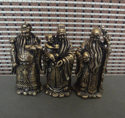 3Pcs Chinese Brass "FuLuShou" Statues Life Mammon Longevity Wealth Buddhas