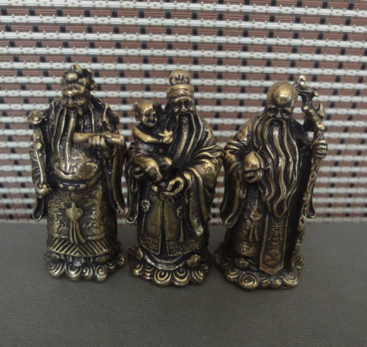 3Pcs Chinese Brass "FuLuShou" Statues Life Mammon Longevity Wealth Buddhas