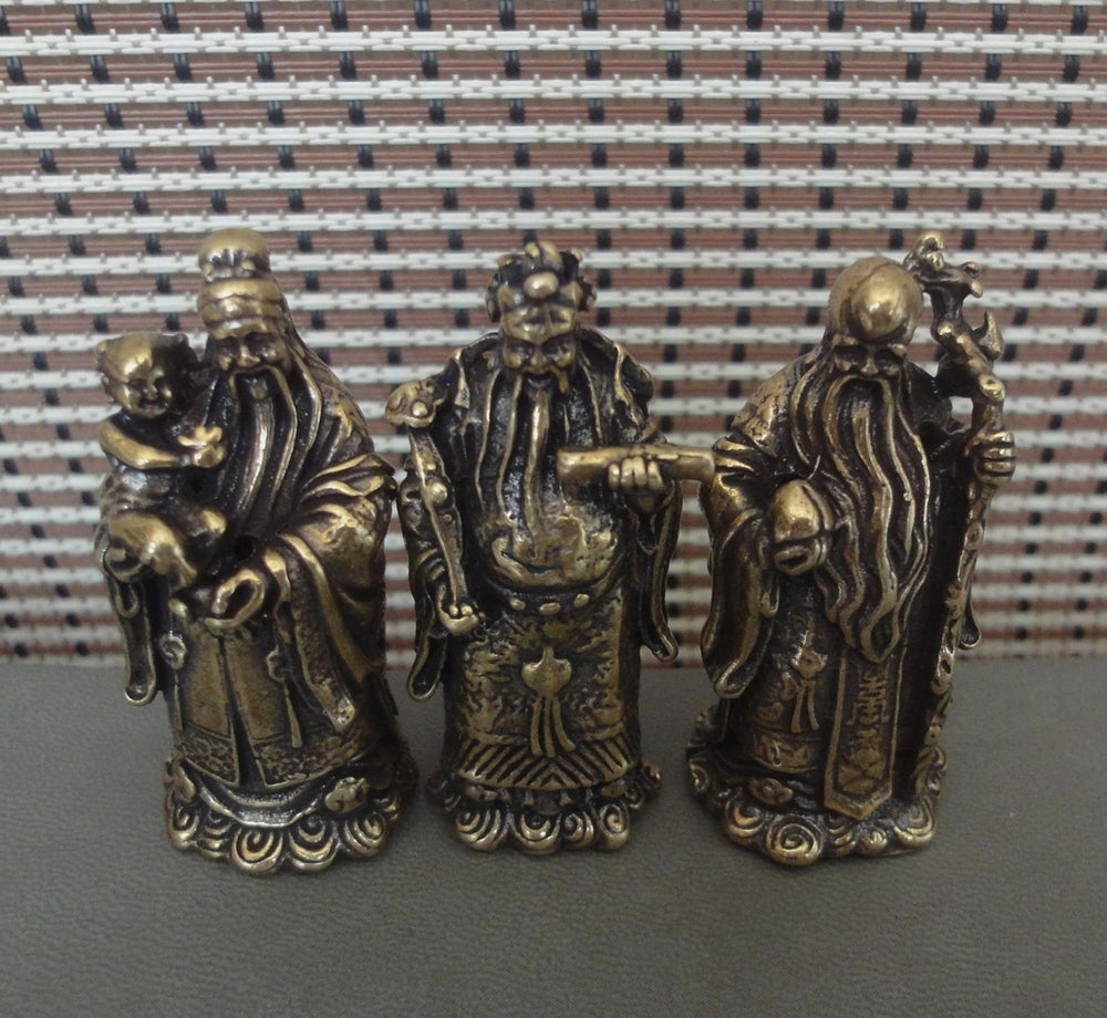 3Pcs Chinese Brass "FuLuShou" Statues Life Mammon Longevity Wealth Buddhas