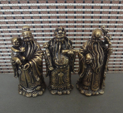 3Pcs Chinese Brass "FuLuShou" Statues Life Mammon Longevity Wealth Buddhas