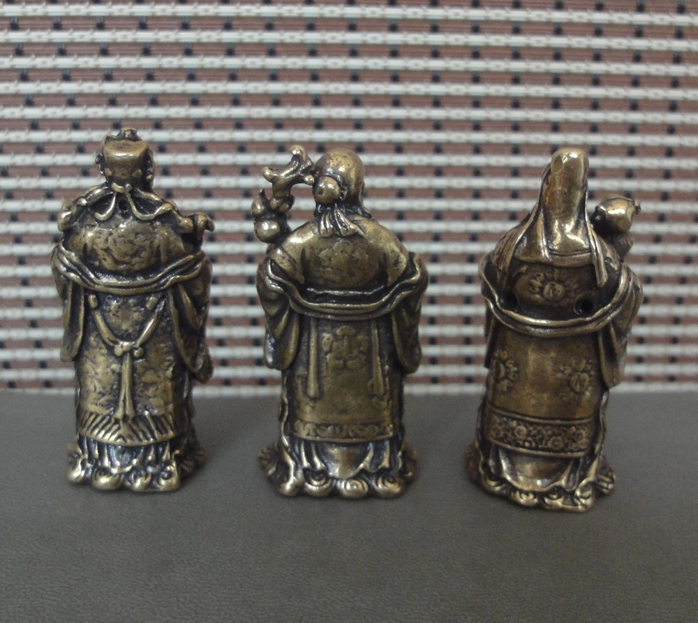 3Pcs Chinese Brass "FuLuShou" Statues Life Mammon Longevity Wealth Buddhas