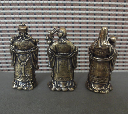 3Pcs Chinese Brass "FuLuShou" Statues Life Mammon Longevity Wealth Buddhas