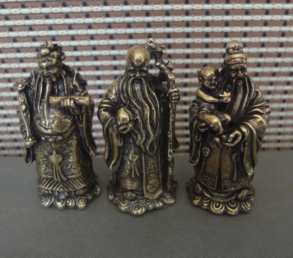 3Pcs Chinese Brass "FuLuShou" Statues Life Mammon Longevity Wealth Buddhas
