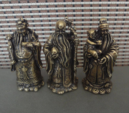 3Pcs Chinese Brass "FuLuShou" Statues Life Mammon Longevity Wealth Buddhas
