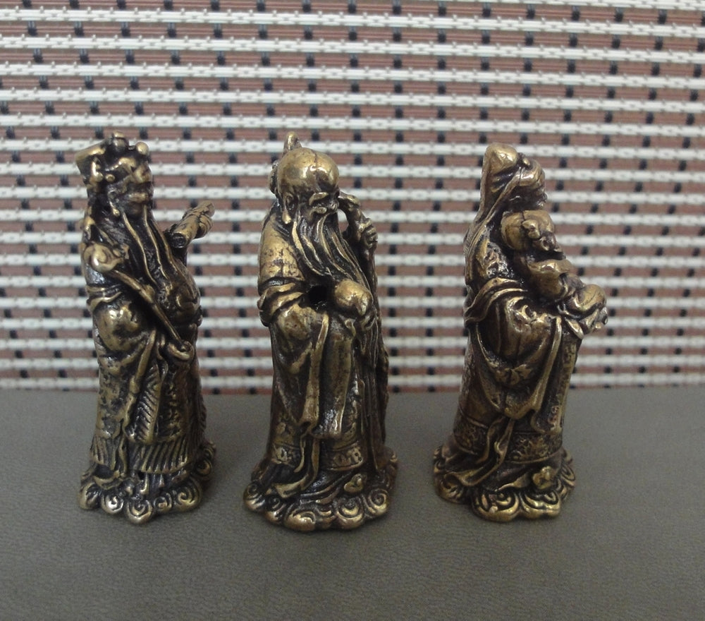 3Pcs Chinese Brass "FuLuShou" Statues Life Mammon Longevity Wealth Buddhas