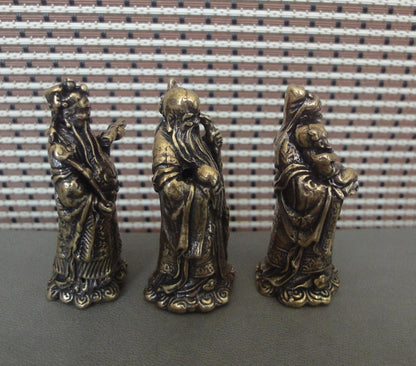 3Pcs Chinese Brass "FuLuShou" Statues Life Mammon Longevity Wealth Buddhas