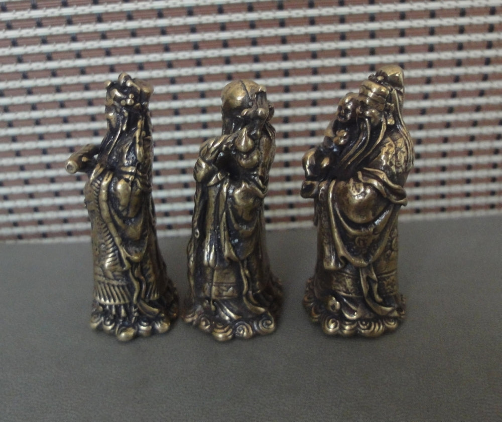 3Pcs Chinese Brass "FuLuShou" Statues Life Mammon Longevity Wealth Buddhas
