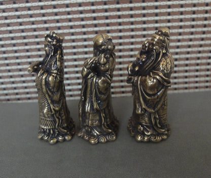 3Pcs Chinese Brass "FuLuShou" Statues Life Mammon Longevity Wealth Buddhas