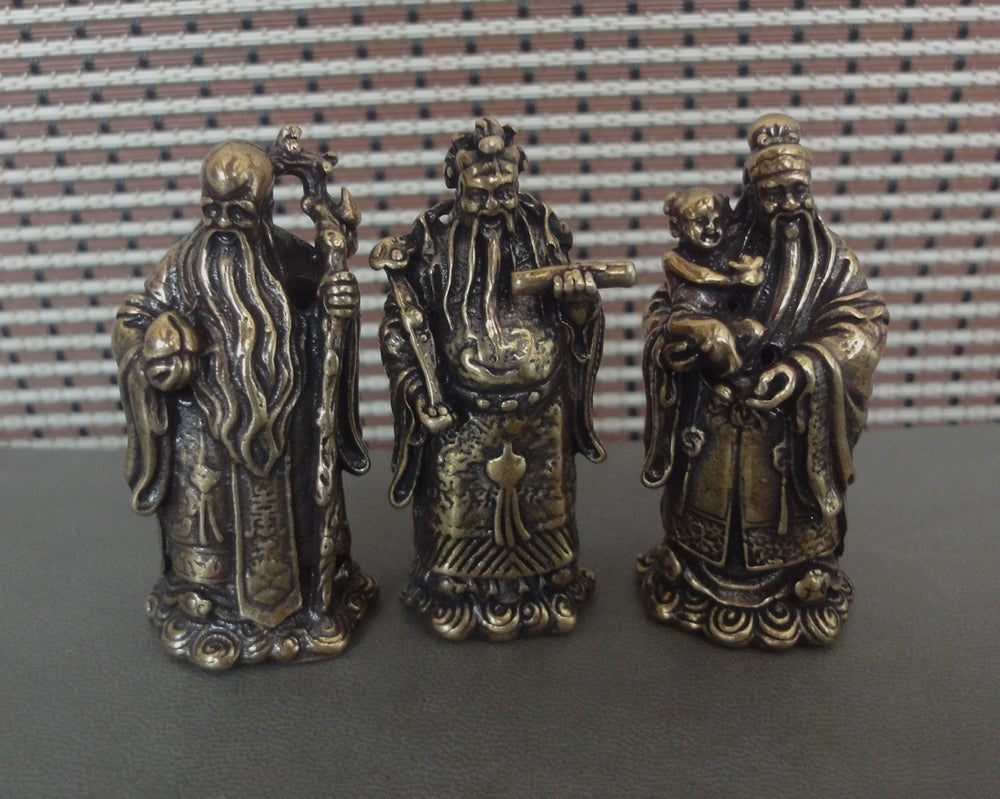 3Pcs Chinese Brass "FuLuShou" Statues Life Mammon Longevity Wealth Buddhas