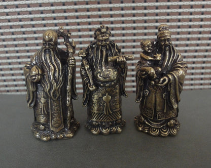 3Pcs Chinese Brass "FuLuShou" Statues Life Mammon Longevity Wealth Buddhas