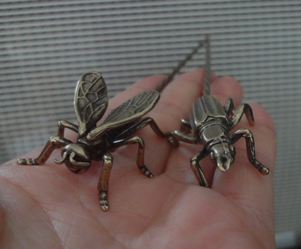 Pair of Solid Brass Bee and Cricket Hairpins Vintage Style Statues Tea Needles