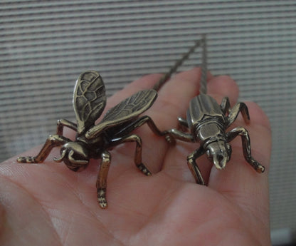 Pair of Solid Brass Bee and Cricket Hairpins Vintage Style Statues Tea Needles