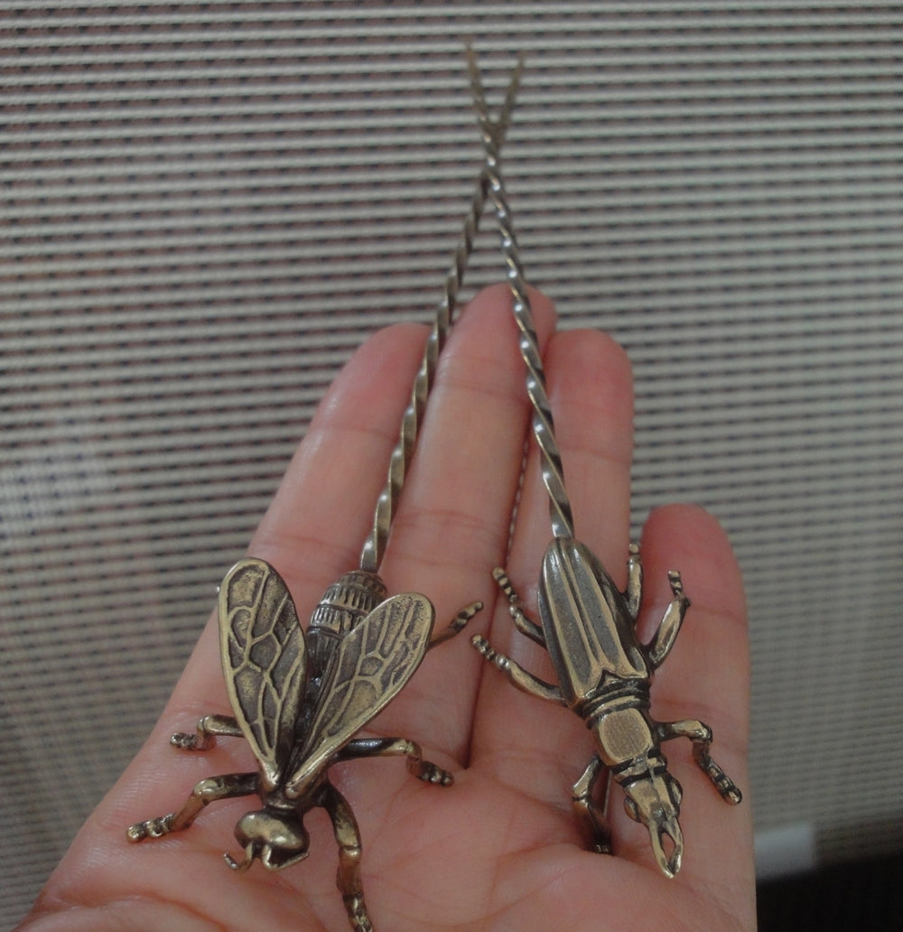 Pair of Solid Brass Bee and Cricket Hairpins Vintage Style Statues Tea Needles