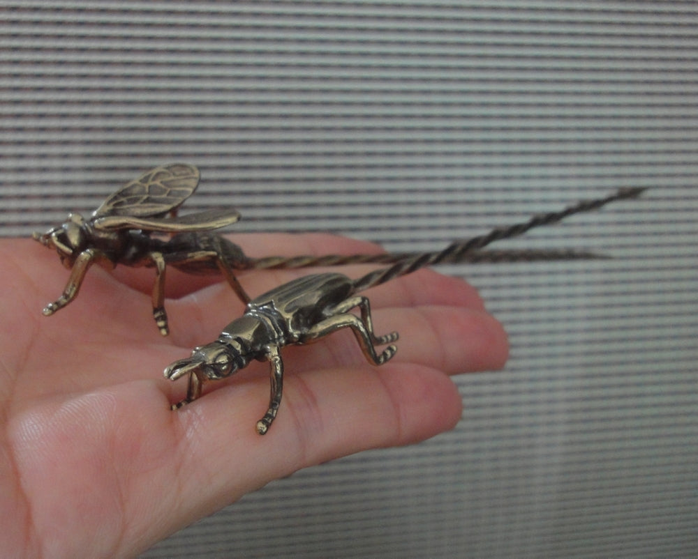 Pair of Solid Brass Bee and Cricket Hairpins Vintage Style Statues Tea Needles