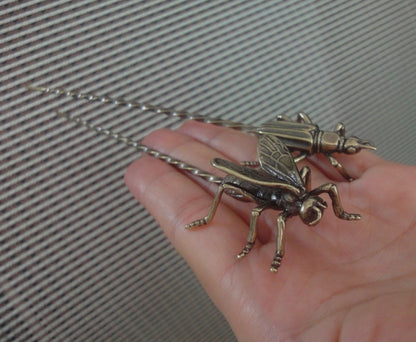 Pair of Solid Brass Bee and Cricket Hairpins Vintage Style Statues Tea Needles