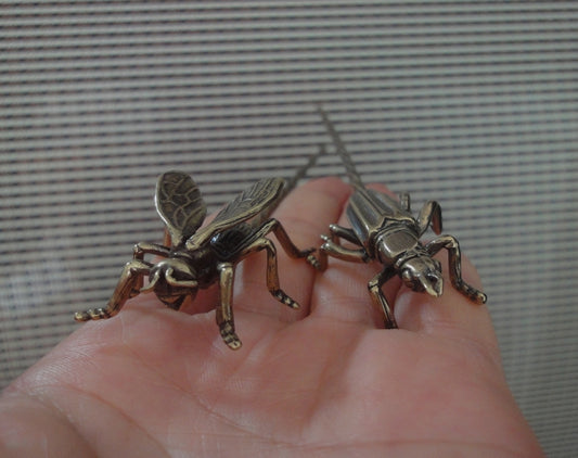 Pair of Solid Brass Bee and Cricket Hairpins Vintage Style Statues Tea Needles
