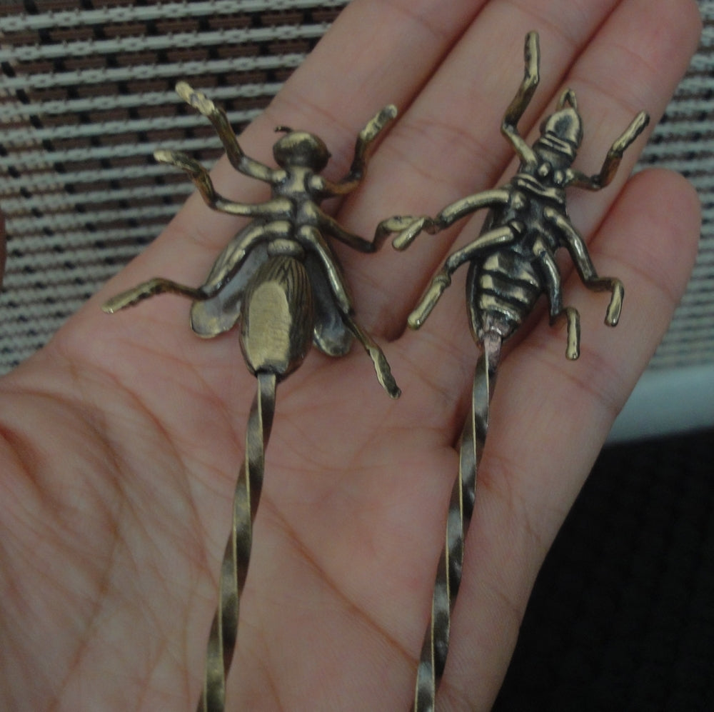 Pair of Solid Brass Bee and Cricket Hairpins Vintage Style Statues Tea Needles