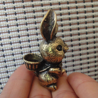 Vintage Solid Brass Bunny Figurine Carrying Baskets of Rabbits Statue