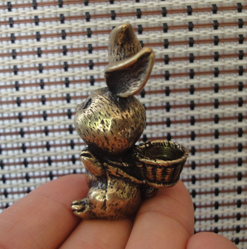 Vintage Solid Brass Bunny Figurine Carrying Baskets of Rabbits Statue