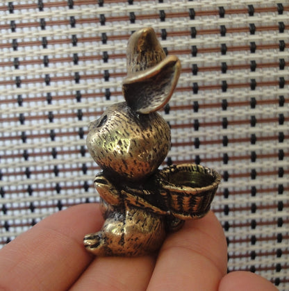 Vintage Solid Brass Bunny Figurine Carrying Baskets of Rabbits Statue