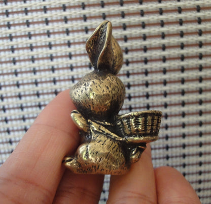 Vintage Solid Brass Bunny Figurine Carrying Baskets of Rabbits Statue