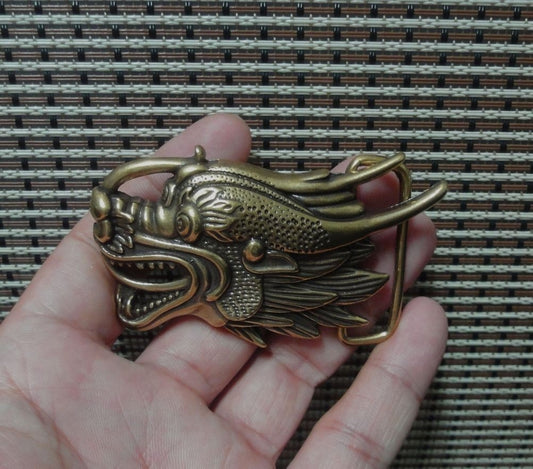 Vintage Style Brass Dragon Head Statue Men Belt Buckle