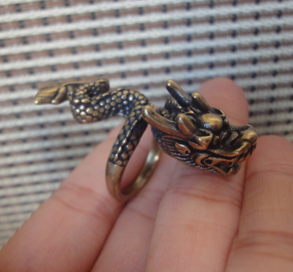 17MM Vintage Brass Dragon Men Ring | Chinese Zodiac Dragon Wrap-Around Amulet