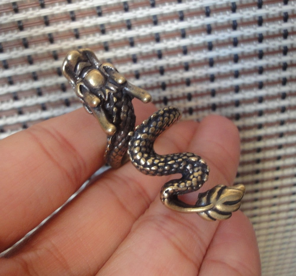17MM Vintage Brass Dragon Men Ring | Chinese Zodiac Dragon Wrap-Around Amulet