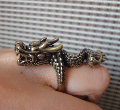 17MM Vintage Brass Dragon Men Ring | Chinese Zodiac Dragon Wrap-Around Amulet