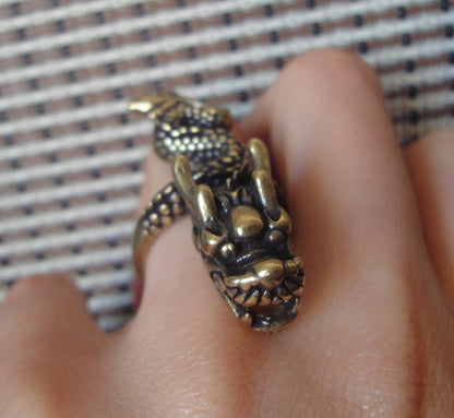 17MM Vintage Brass Dragon Men Ring | Chinese Zodiac Dragon Wrap-Around Amulet