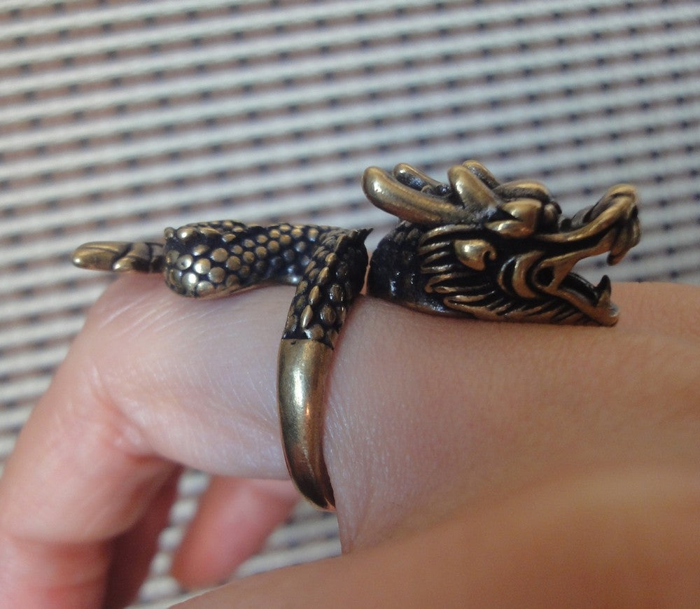 17MM Vintage Brass Dragon Men Ring | Chinese Zodiac Dragon Wrap-Around Amulet
