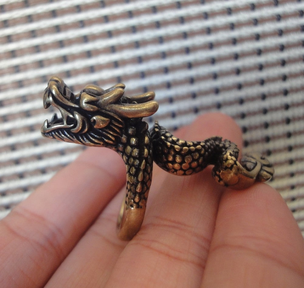 17MM Vintage Brass Dragon Men Ring | Chinese Zodiac Dragon Wrap-Around Amulet