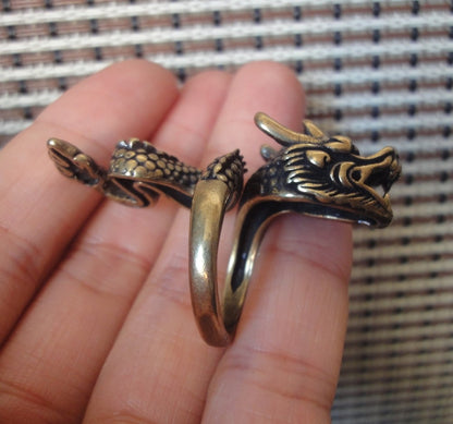 17MM Vintage Brass Dragon Men Ring | Chinese Zodiac Dragon Wrap-Around Amulet