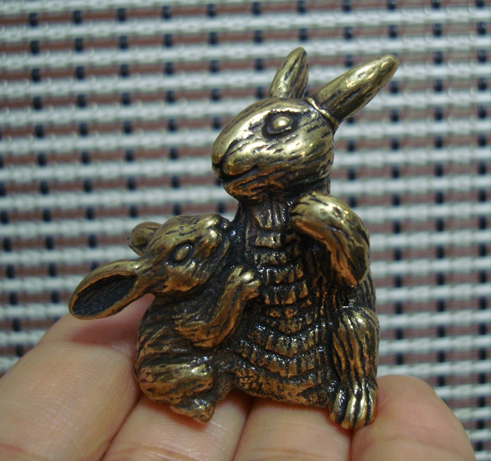 Solid Brass Parent-Child Rabbit Figurine Vintage Style Statue