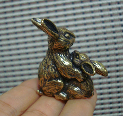 Solid Brass Parent-Child Rabbit Figurine Vintage Style Statue
