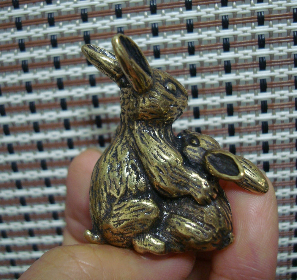 Solid Brass Parent-Child Rabbit Figurine Vintage Style Statue