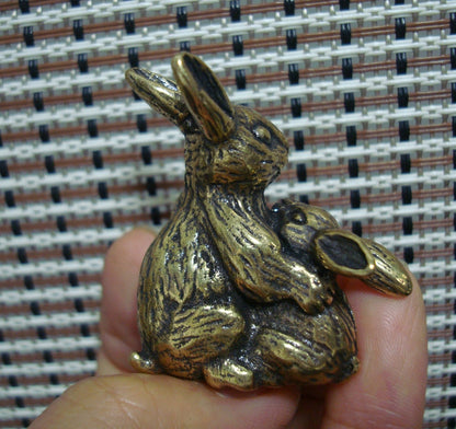 Solid Brass Parent-Child Rabbit Figurine Vintage Style Statue
