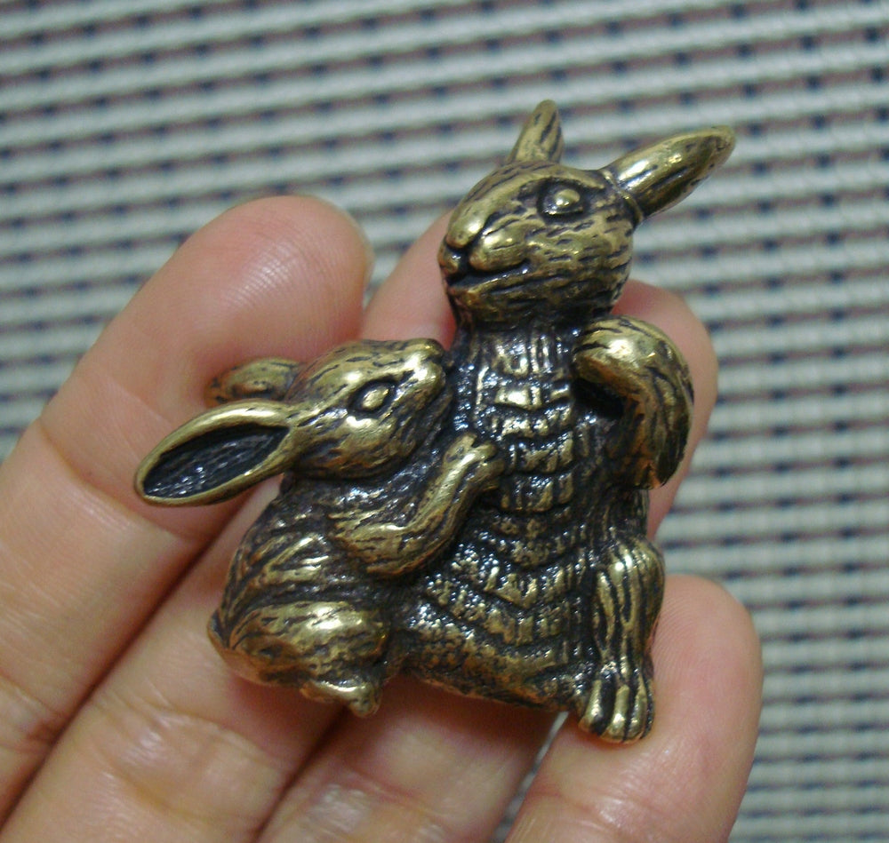Solid Brass Parent-Child Rabbit Figurine Vintage Style Statue
