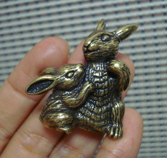 Solid Brass Parent-Child Rabbit Figurine Vintage Style Statue
