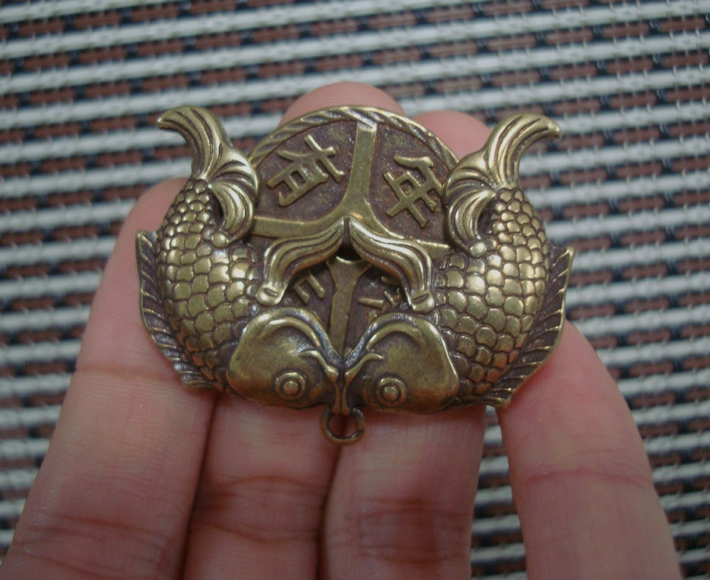 Solid Brass Double Fish FengShui Pendant Vintage Style Statue