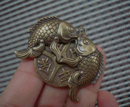 Solid Brass Double Fish FengShui Pendant Vintage Style Statue