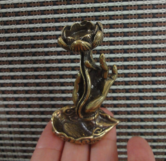Vintage Style Solid Brass Hand Holding Lotus Flower Statue Incense Stick Holder