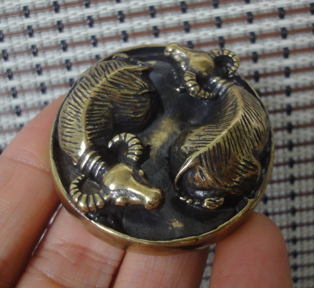 Vintage Solid Brass Harmony Ox Figurine Round Ornament
