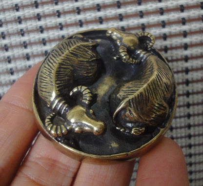 Vintage Solid Brass Harmony Ox Figurine Round Ornament