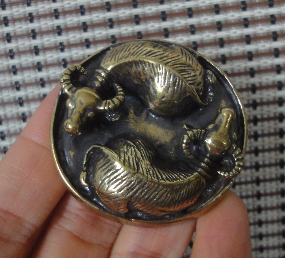 Vintage Solid Brass Harmony Ox Figurine Round Ornament